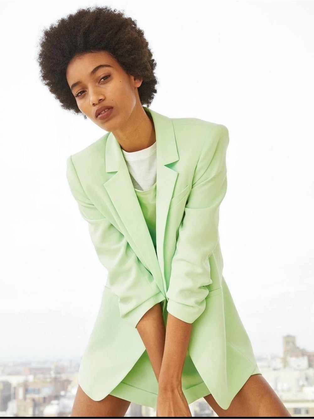 Single Breasted Ruched 3/4 Sleeve Mint-Glow Tailored Blazer and Short
